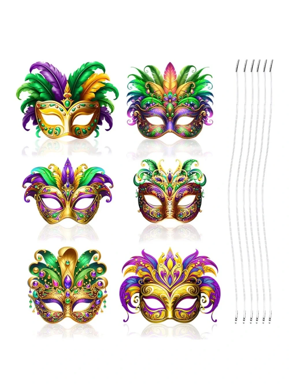 💞 New Pack of 6 Vibrant Mardi Gras Carnival Party Masks